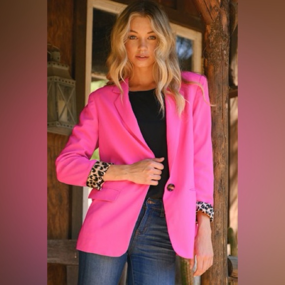 Solid Hot Pink Blazer with Leopard Print Lining.